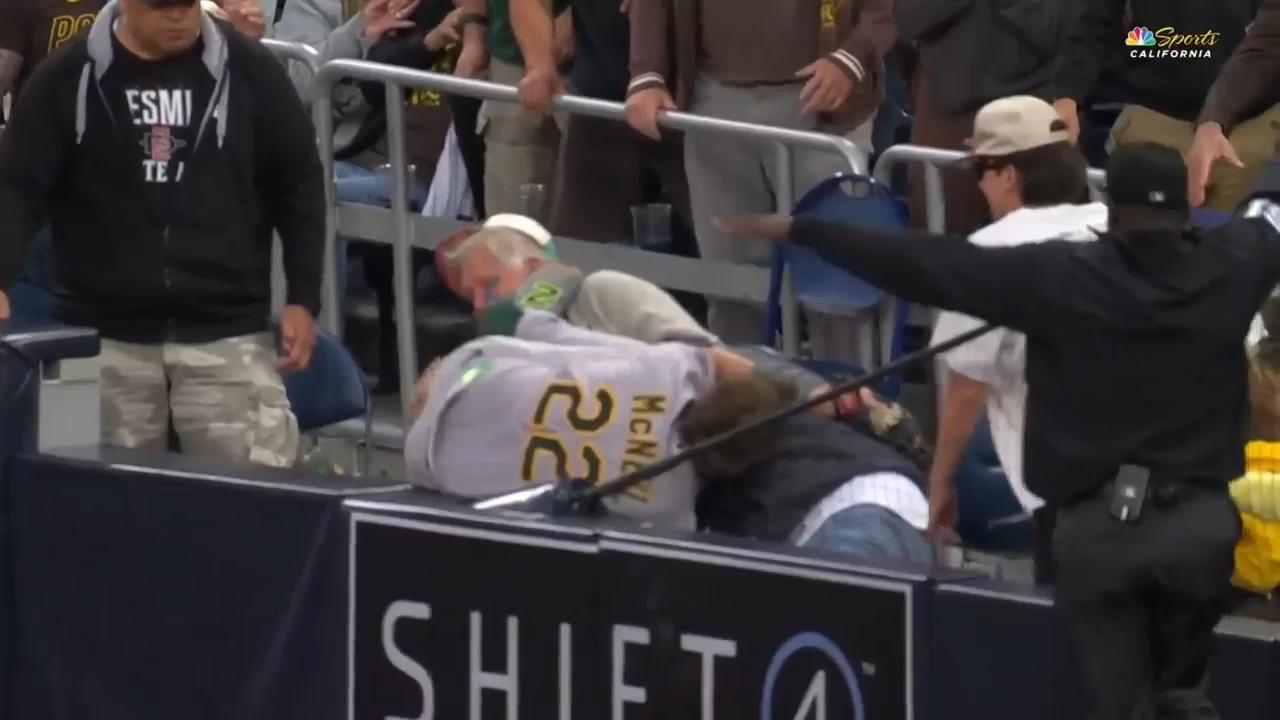 Moment: Elderly fan accidentally kicked in the face by Athletics infielder