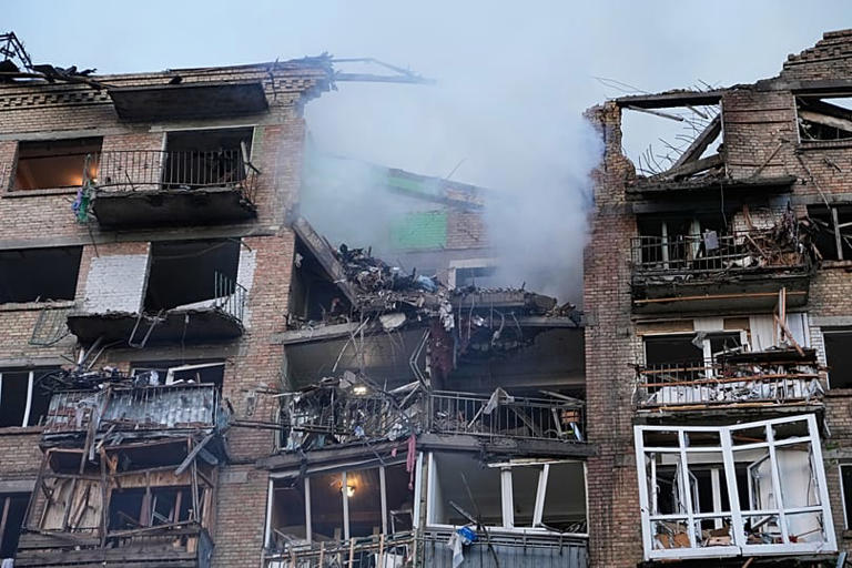 A damaged building in Kyiv following a Russian drone attack.