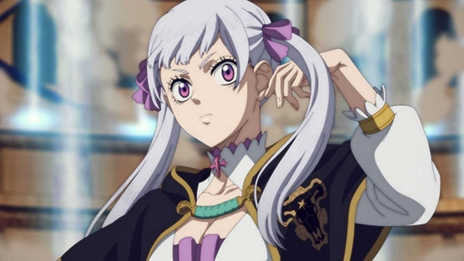 Noelle Silva wearing Black Bull cloak and purple ribbons in her white hair in Black Clover