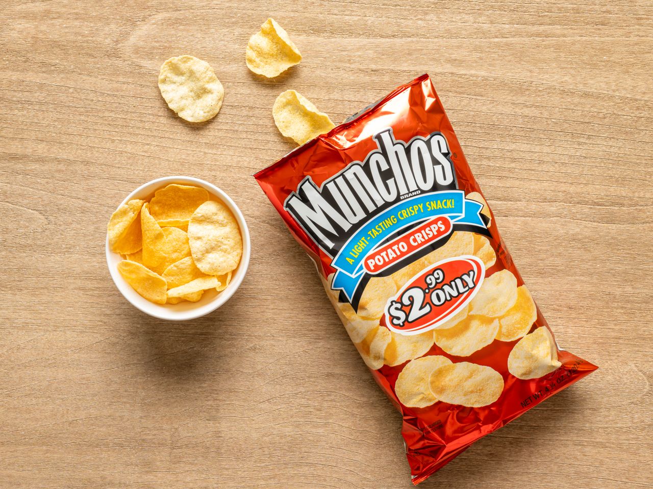 A bag of Muncho's Potato Chips with a small bowl of chips