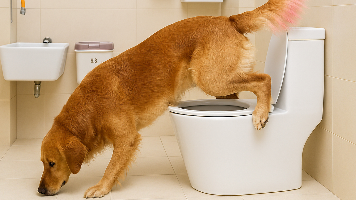 Golden retriever stuck in toilet