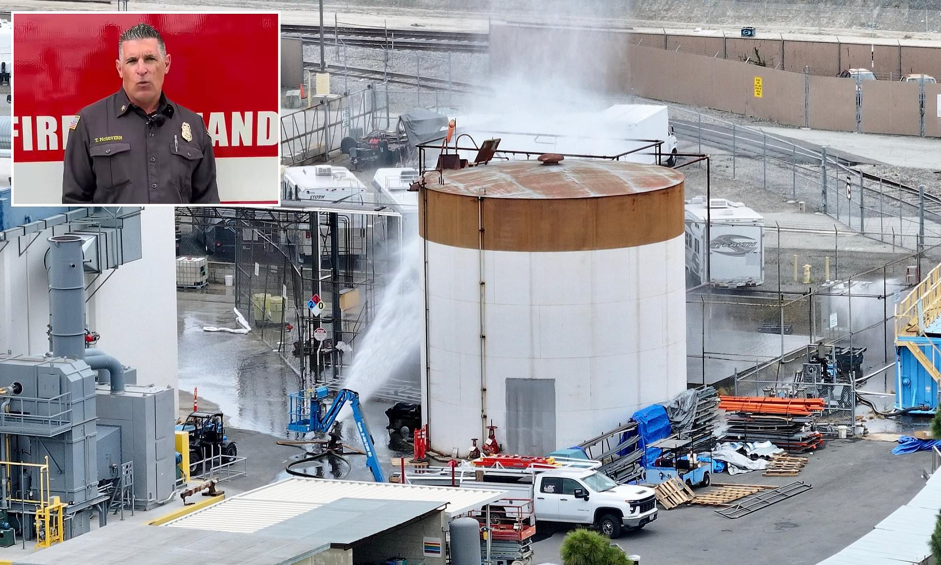 Toxic chemical tank on the brink of exploding has a crack in it