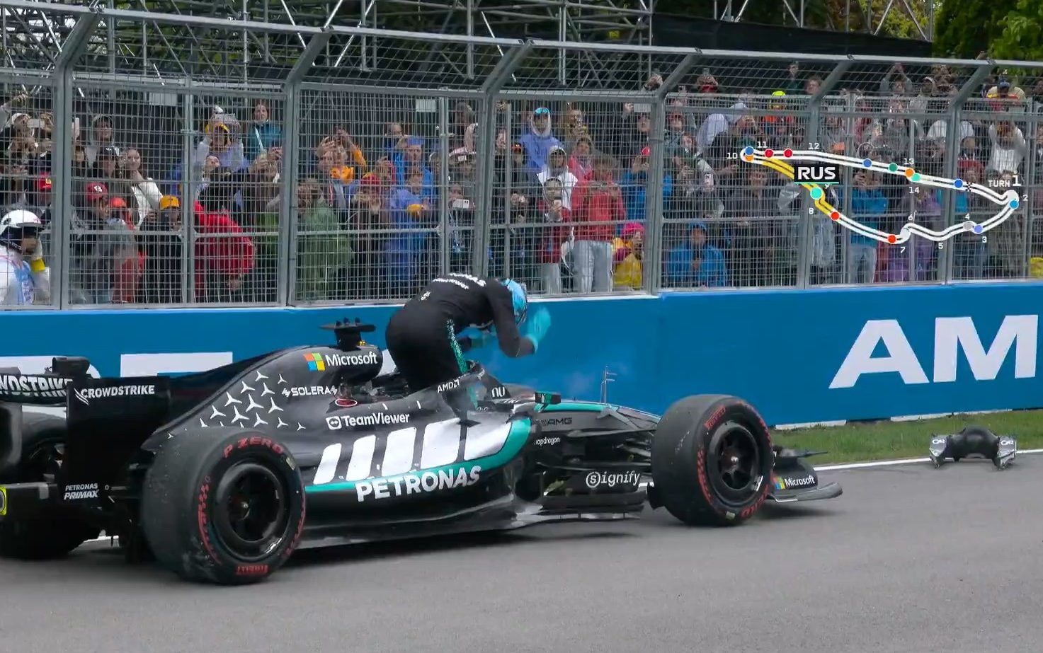 George Russell takes out anger on car as Canada challenge cut short