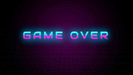 Retro-style "GAME OVER" text glowing in neon blue and pink against a dark grid background inspired by 1980s arcade graphics.