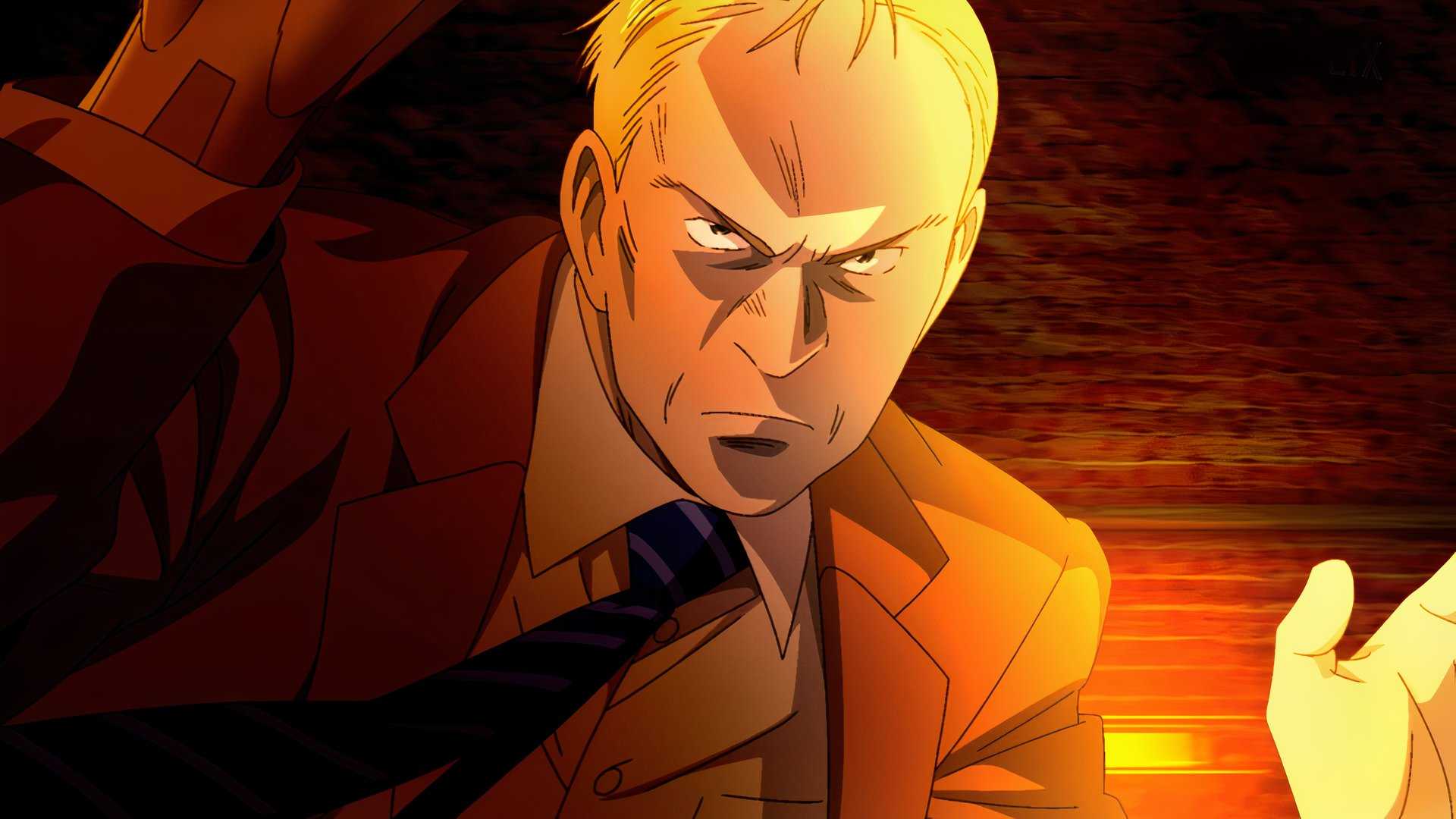 Gesicht, a robot detective with blond hair in a suit, stares with determination in Pluto