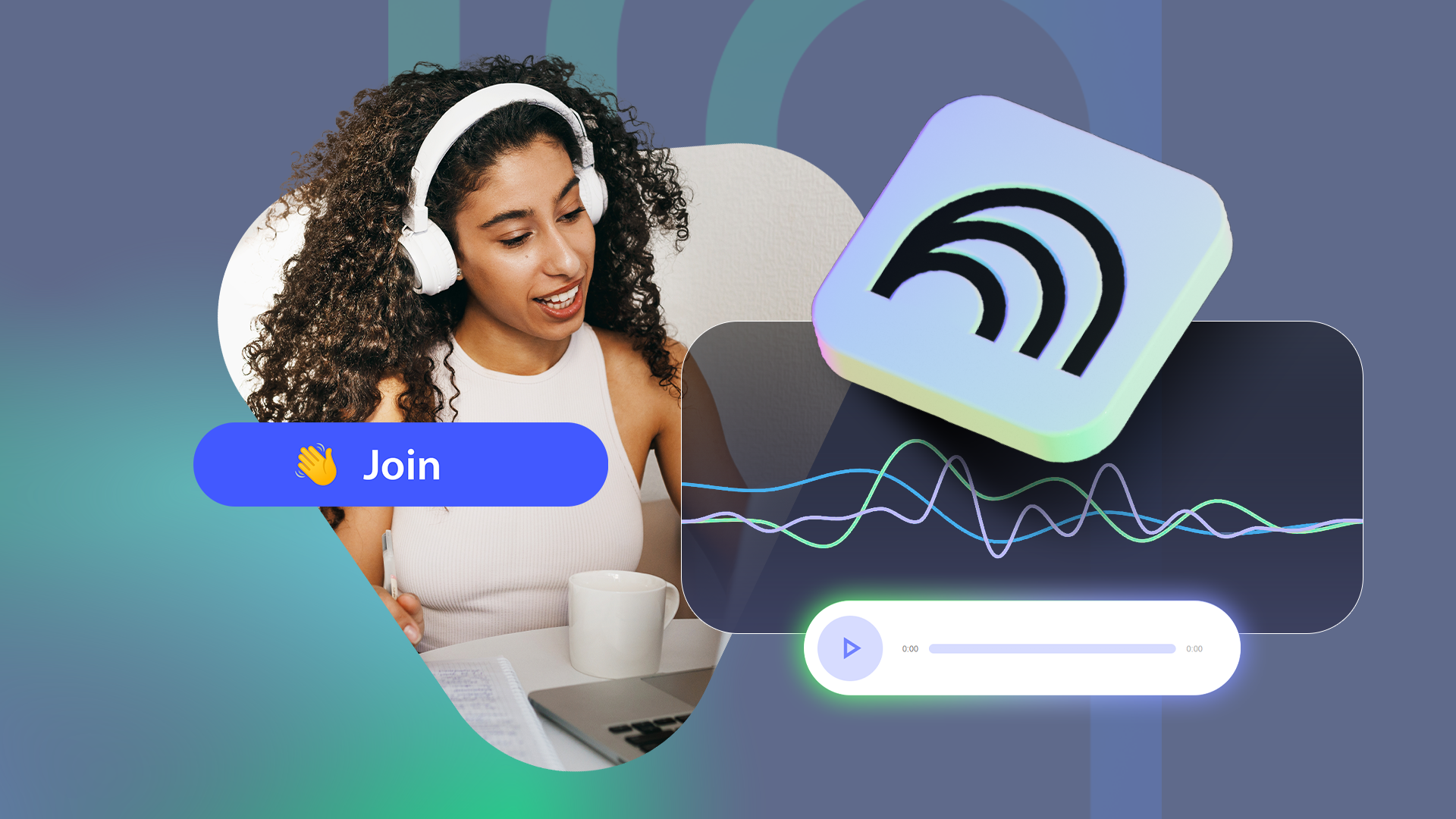 A woman wearing headphones studying, overlaid with the NotebookLM logo, audio waveforms, and a blue 'Join' button