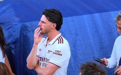Declan Rice reacts to West Ham relegation during Arsenal title celebrations