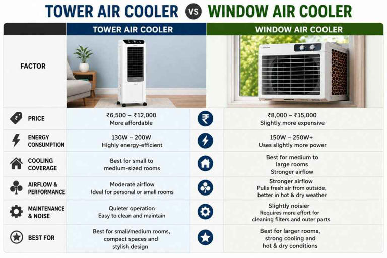 Tower air cooler vs window air cooler: Price, energy consumption ...