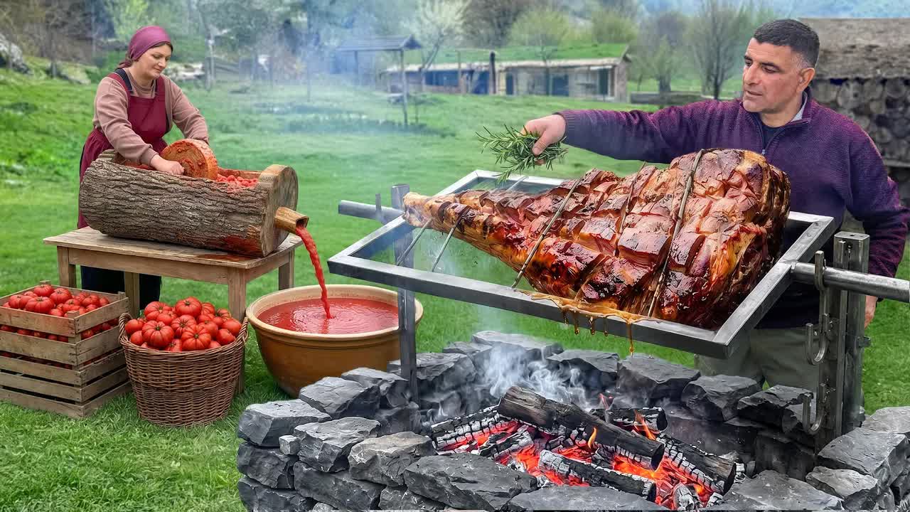 High-protein spit-roasted beef leg cooked over fire