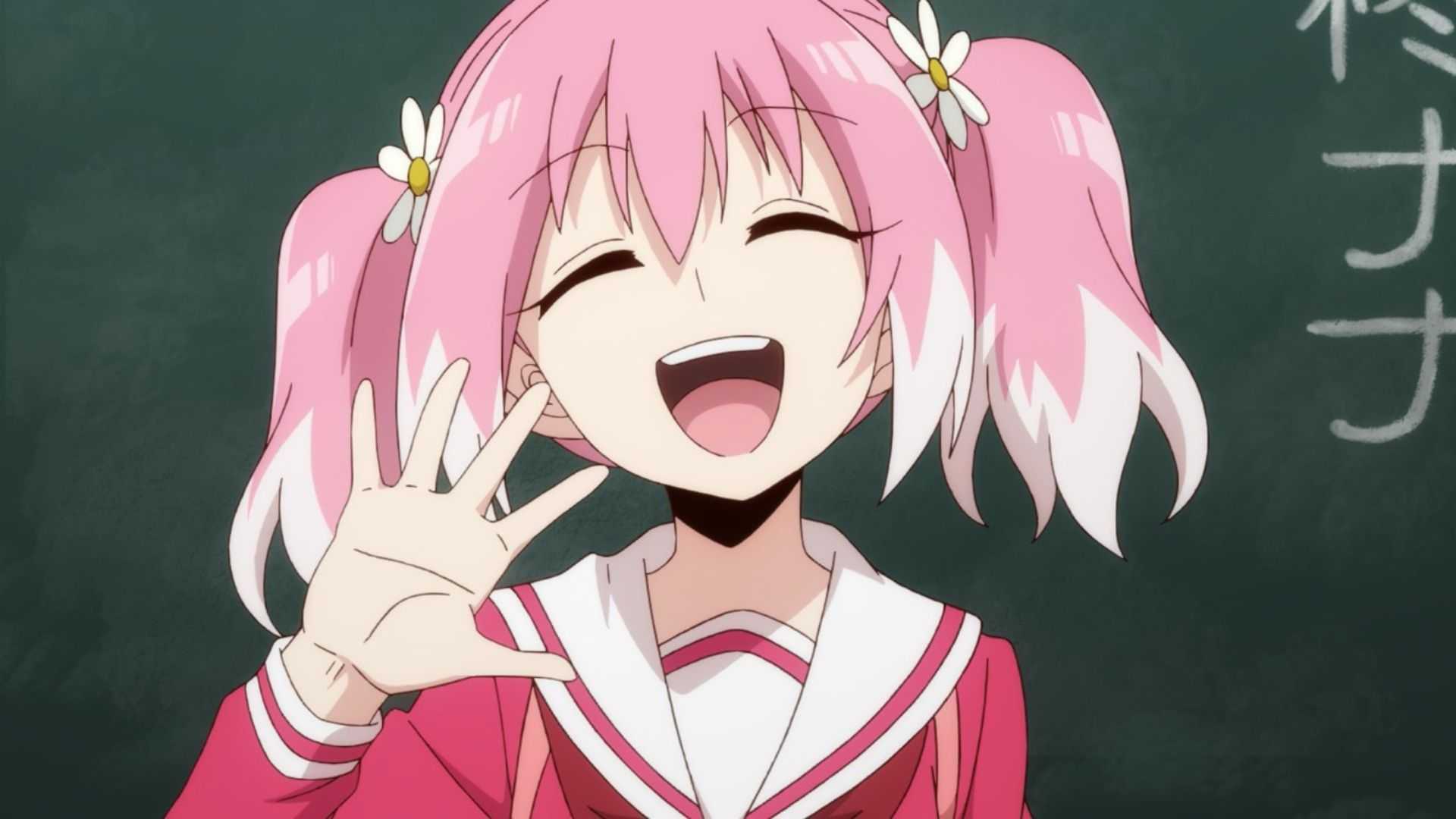 Nana waving happily to her classmates in Talentless Nana