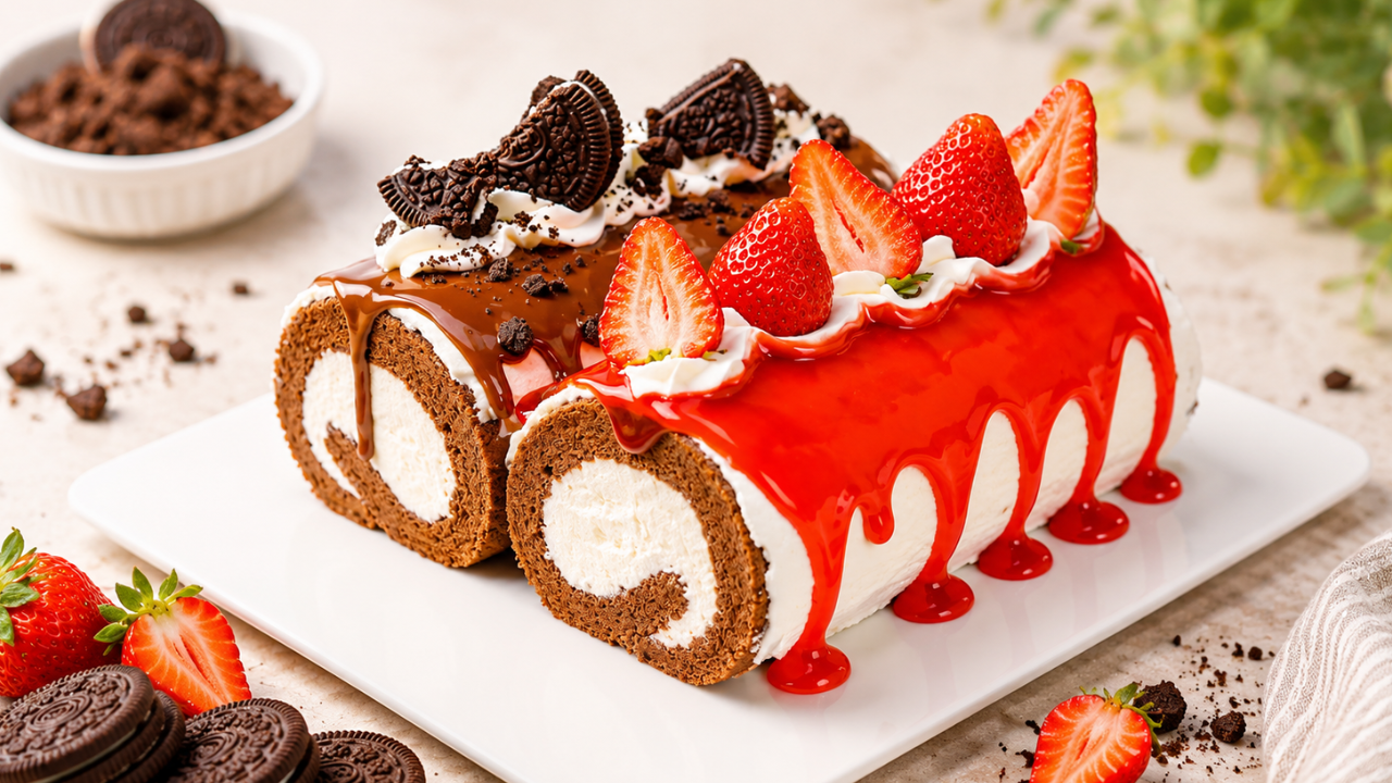 Strawberry chocolate roll cake duo