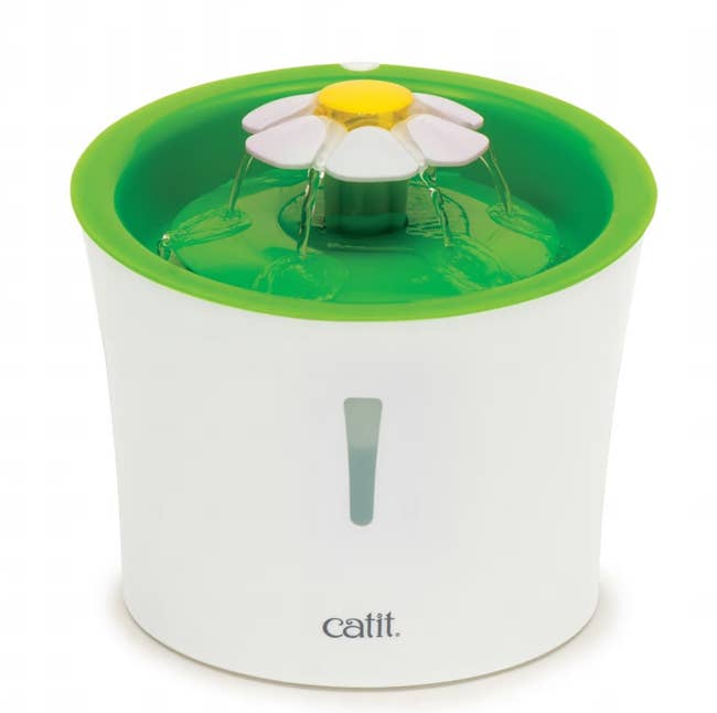 Catit flower-shaped pet water fountain with a green top and daisy centerpiece, designed for pets to drink from flowing water for better hydration