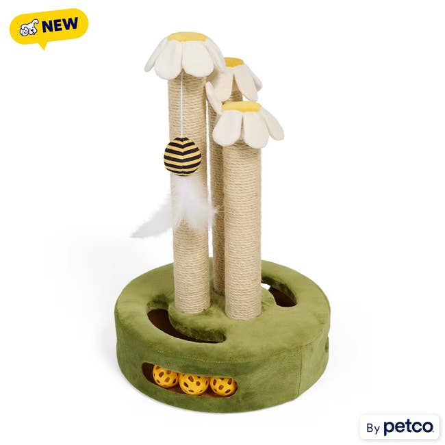 Cat scratching post with daisy toppers, hanging bee toy, and interactive balls. New at Petco