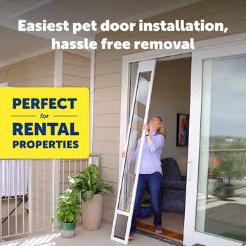 Person installing a pet door on a glass sliding door, with text highlighting easy installation and removal, ideal for rental properties