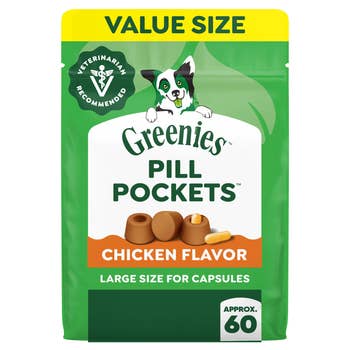 Package of Greenies Pill Pockets, chicken flavor, for capsules, approximately 60 count, veterinarian recommended, value size