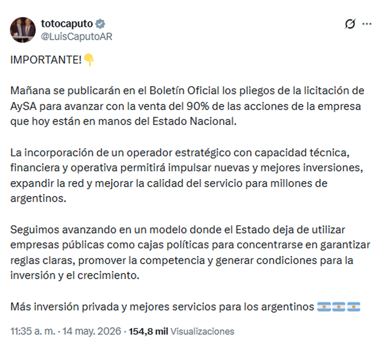 El Gobierno pone en marcha la privatización de Aysa: cuánto espera recaudar