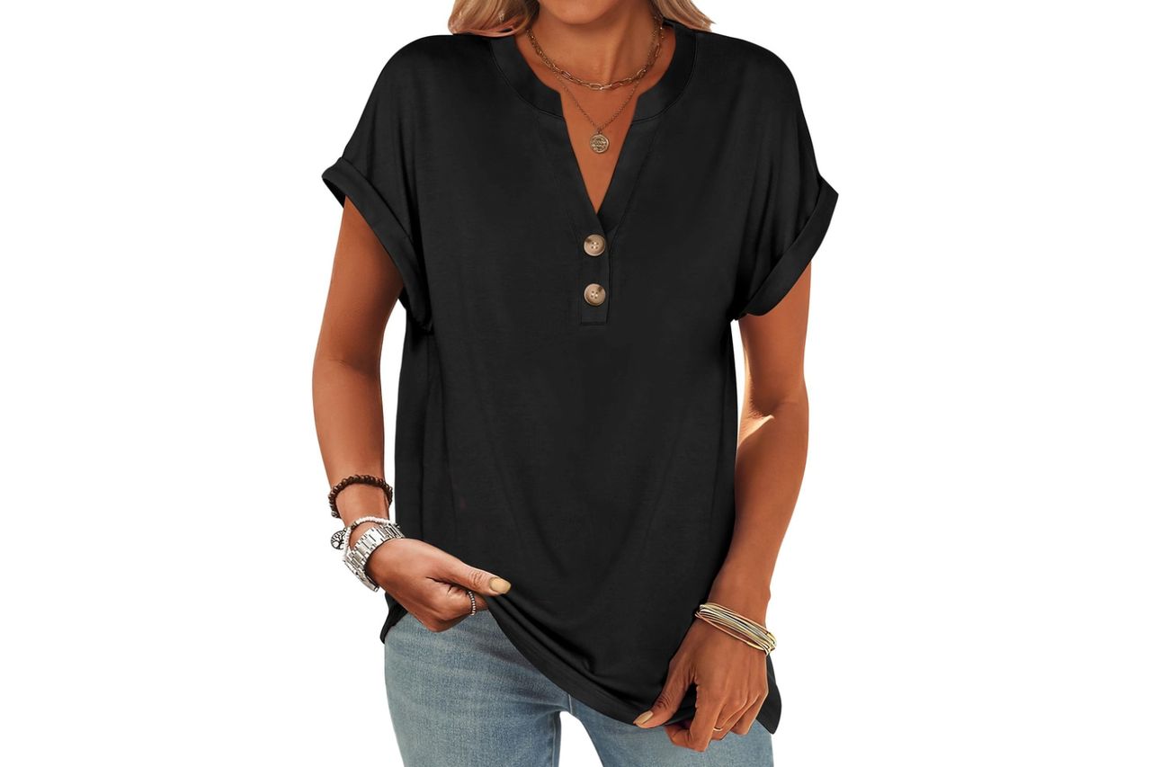 ANRABESS Womens Short Sleeve Henley Tops V Neck Dressy Casual Blouses Summer Trendy Tee Shirts 2026 Vacation Fashion Clothes
