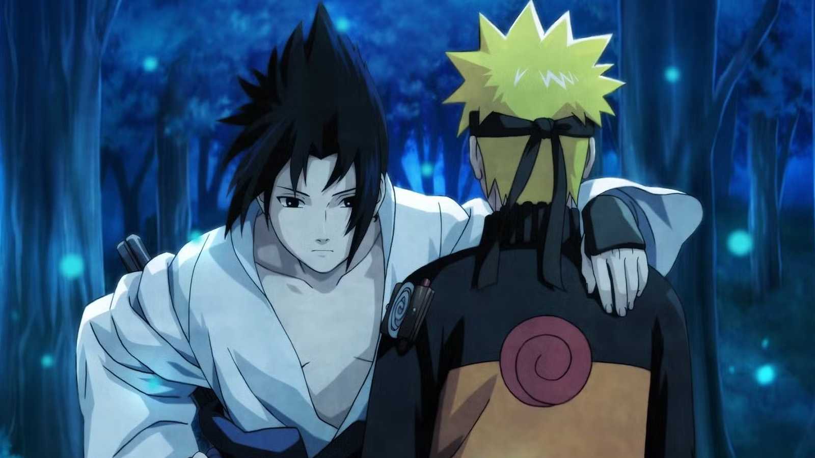 Sasuke and Naruto in the forest at night in Shippuden