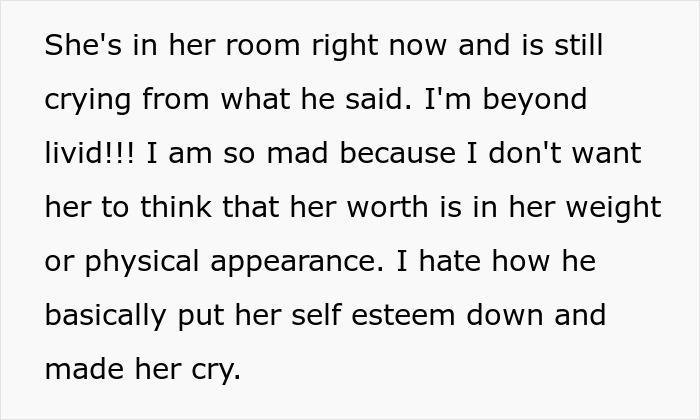 Man fat-shames 13YO daughter until she cries, wife calls him out
