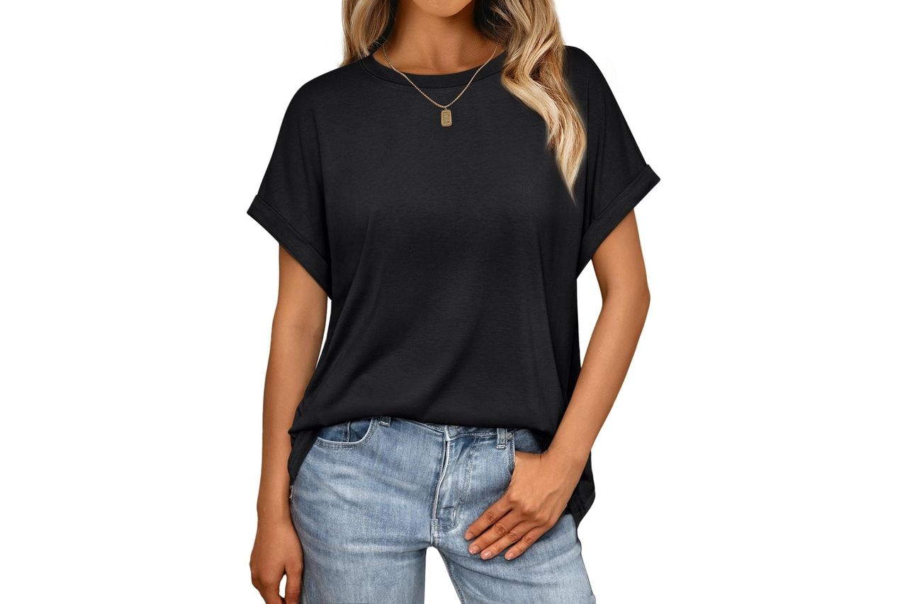 AUTOMET Women's Oversized Short Sleeve T Shirts Casual Drop Shoulder Rolled Cuff Summer Tops for Work, Travel and Lounge