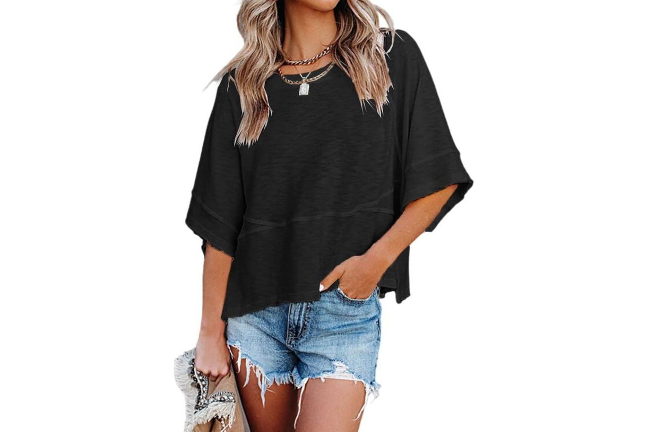 Sovelen Women's Summer Casual Crewneck Batwing Half Sleeve T-Shirts Solid Color Loose Fit Cute Basic Flowy Tops Tees Blouses