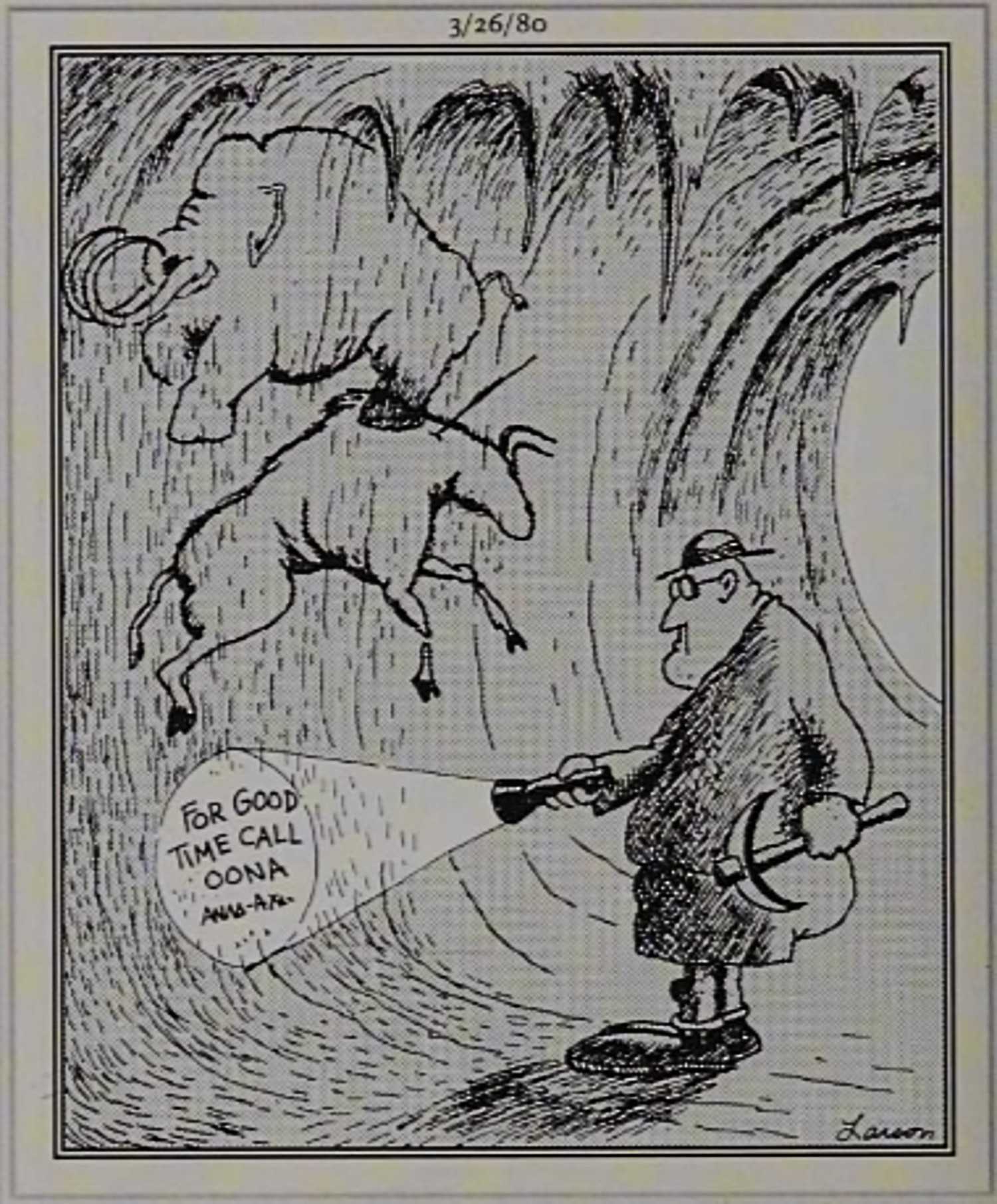 Far Side, March 26, 1980, risque graffiti on a cave wall