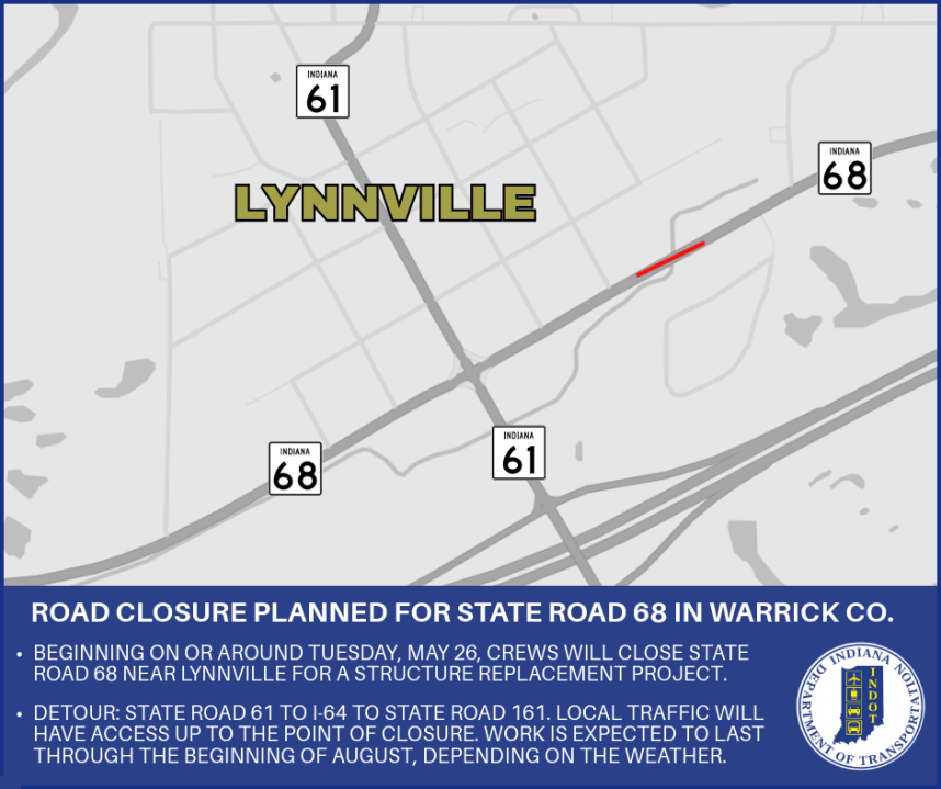 State Road 68 to close in Warrick County for project