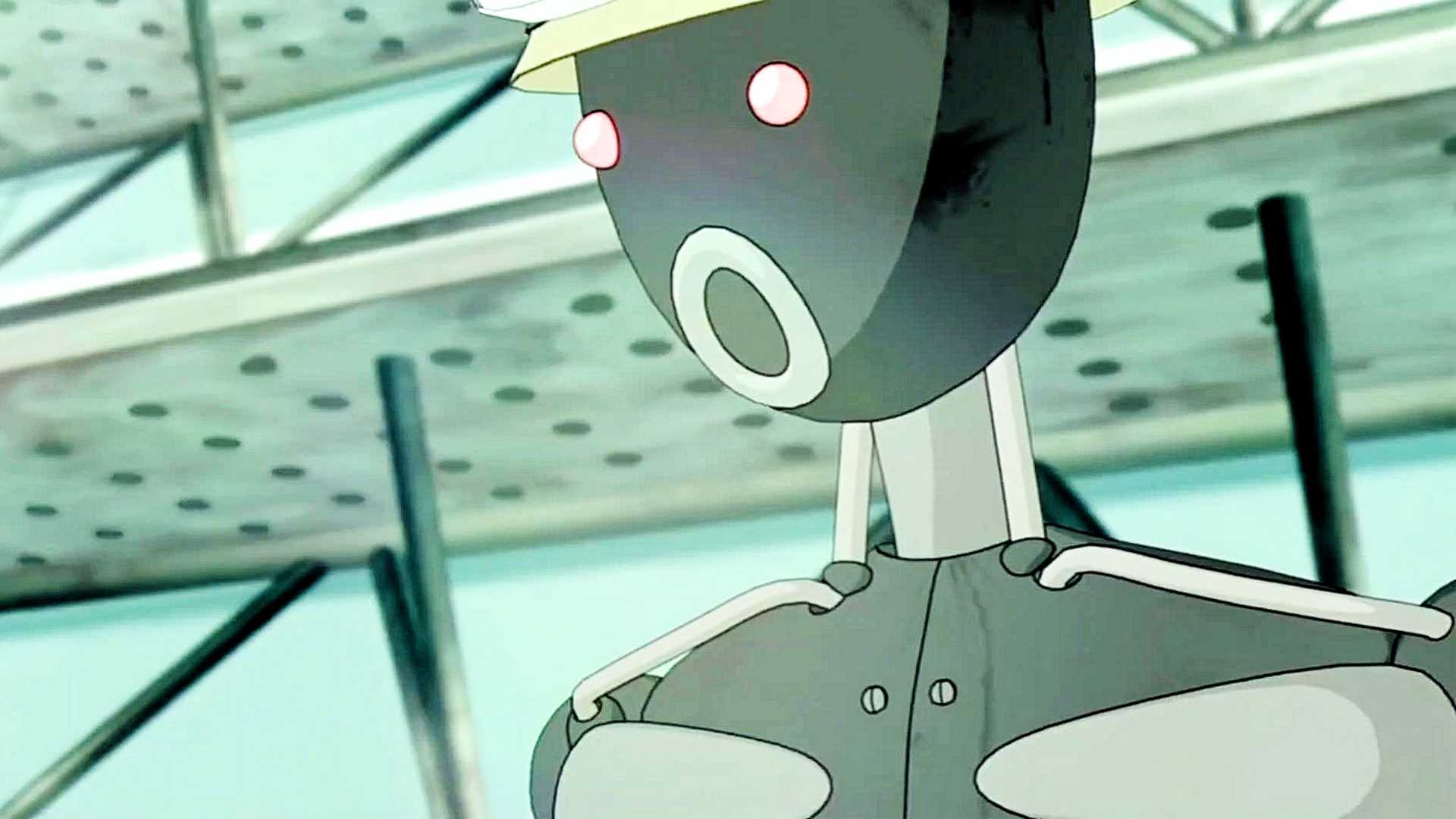 A robot with a silly face, red eyes and O mouth, from the Animatrix