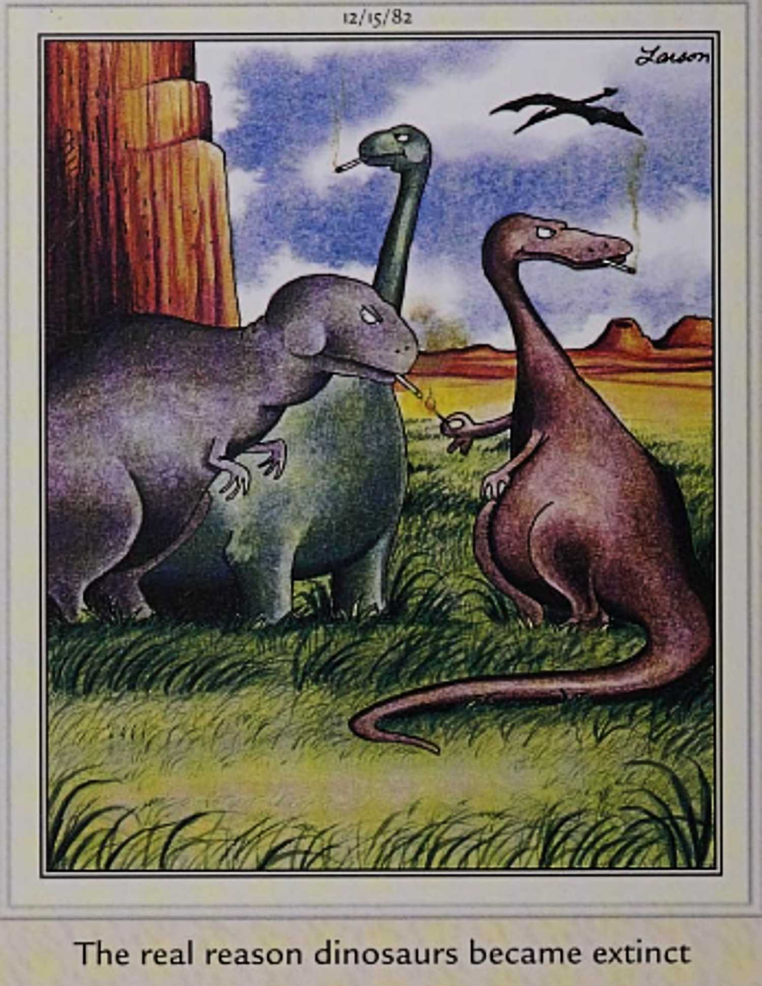 Far Side, dinosaurs smoking a cigarettes