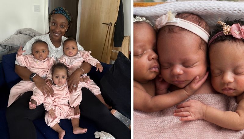 Two images of a black mum with triplet girls and another of the triplets in pink outfits