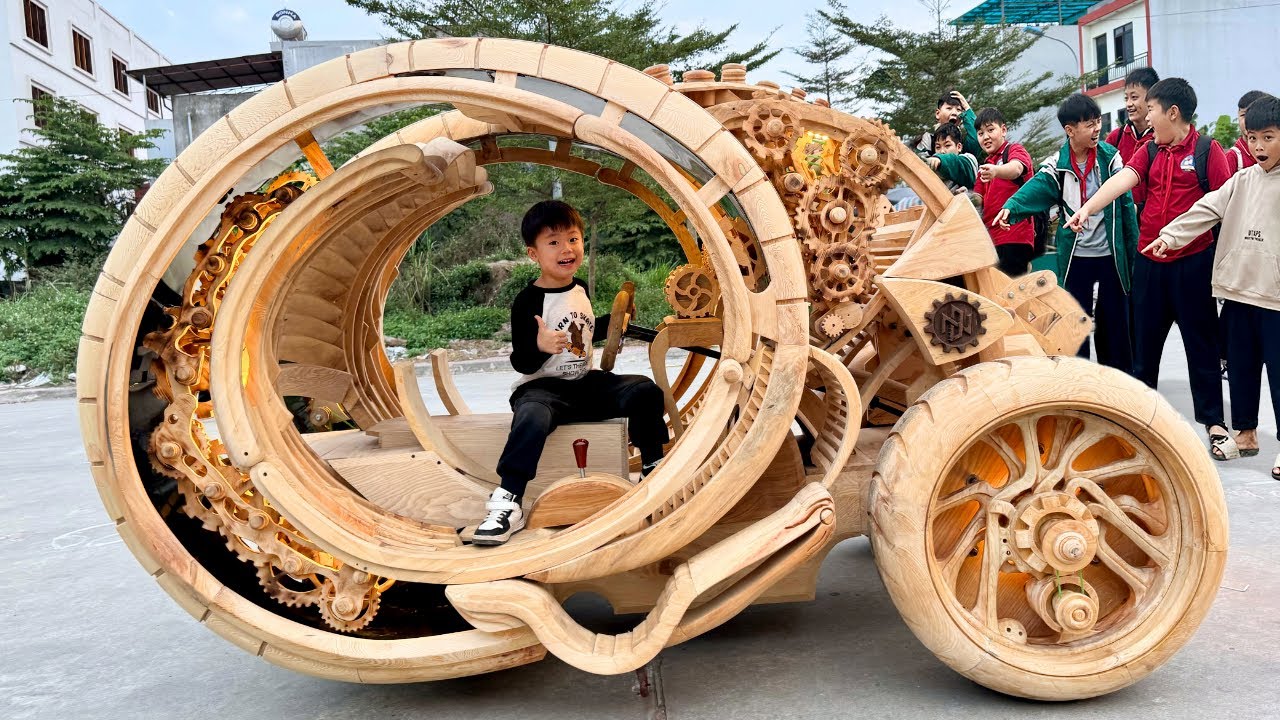Dad builds futuristic wooden car for kids | Amazing DIY electric vehicle!