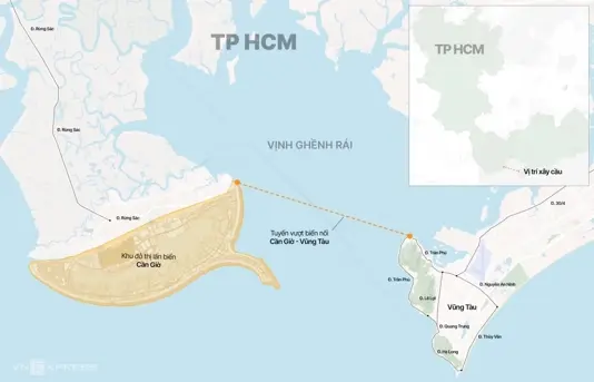 Vị trí đường vượt biển nối Cần Giờ - Vũng Tàu theo đề xuất. Đồ họa: Tâm Thảo