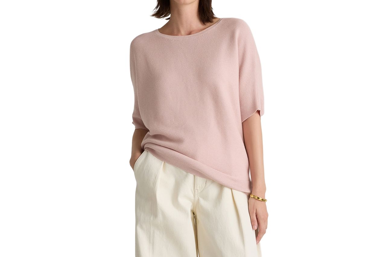 Lightweight Cotton Cashmere Link-Stitch Dolman Sweater in Sugar Stone