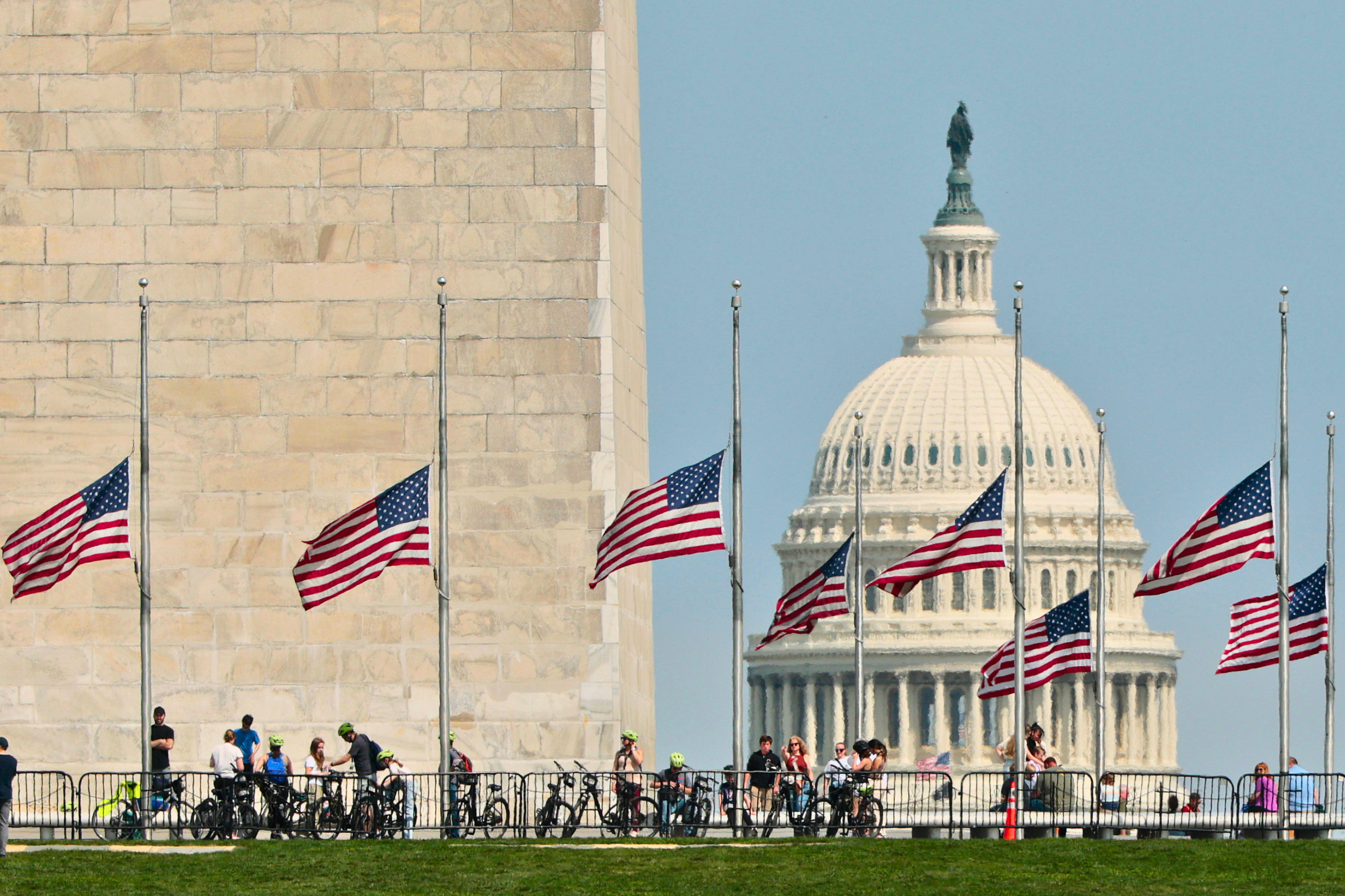The U.S. flag flies at half staff near the Washington Monument on the National Mall in honor of Pope Francis on April 21, 2025 in Washington, DC. U.S.