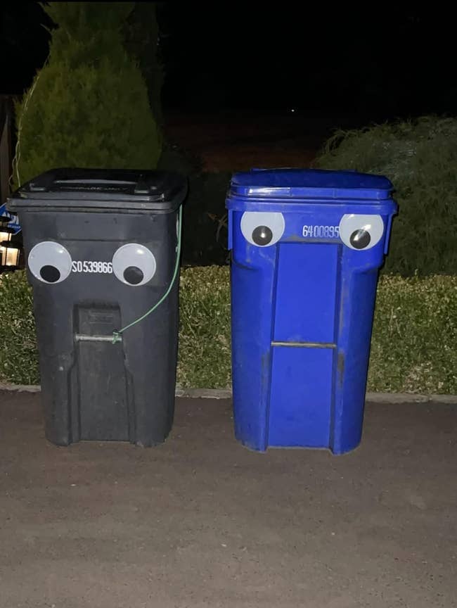 Trash bins with large googly eyes on a driveway, giving them a humorous, expressive look