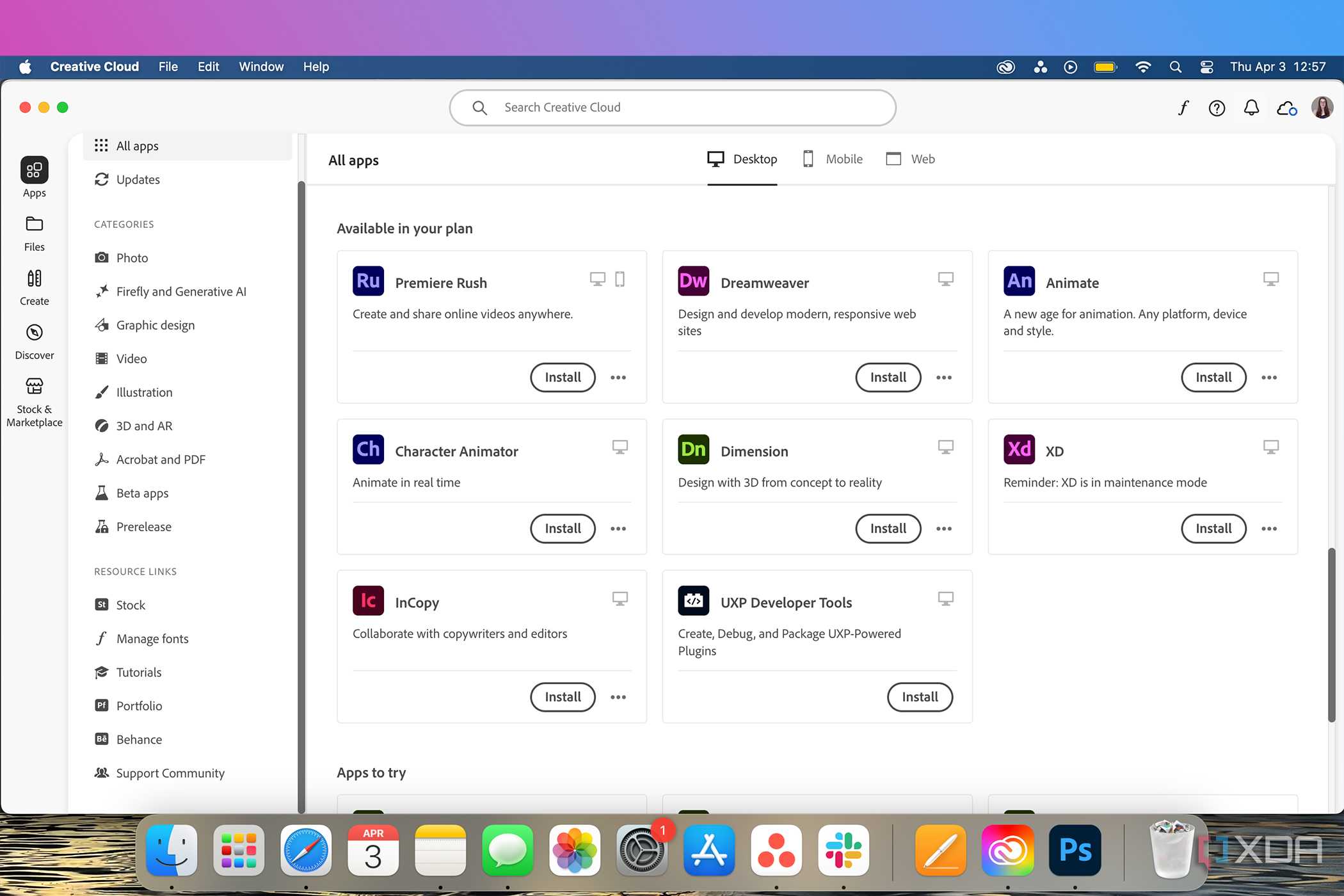 Creative Cloud apps featuring Adobe XD