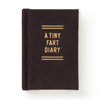 A small black diary with gold text on the cover that reads,