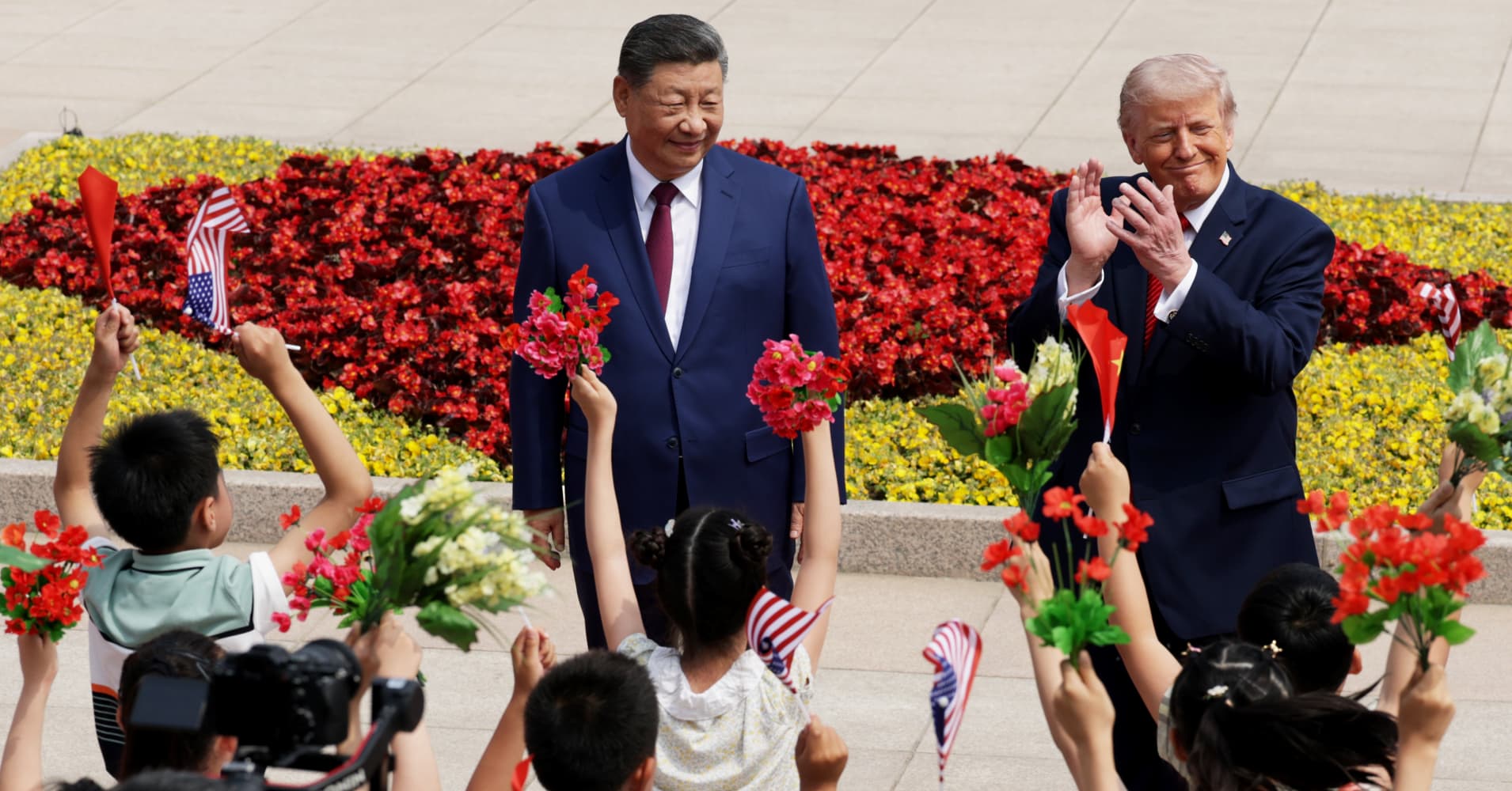 BEIJING, CHINA - MAY 14: U.S. President Donald Trump and Chinese President Xi Jinping attend a welcome ceremony at the Great Hall of the People on May 14, 2026 in Beijing, China.