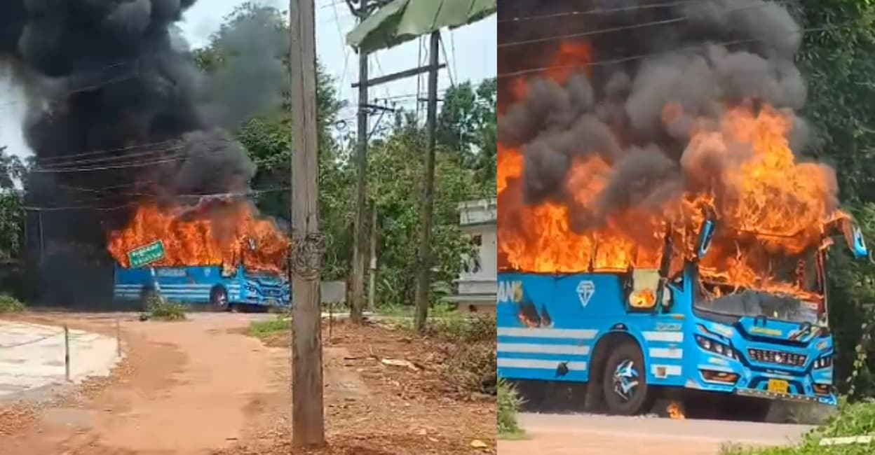 Narrow escape for 15 passengers as bus catches fire in Kannur, gutted ...