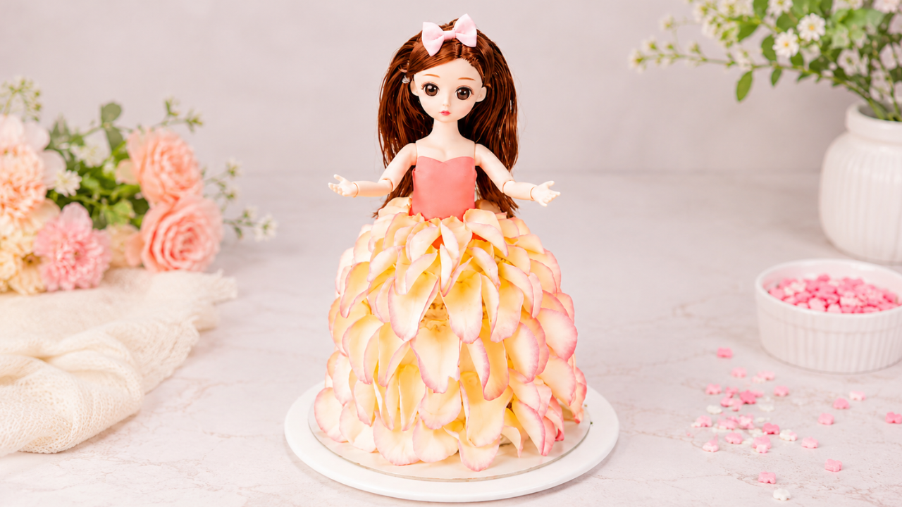 Elegant doll dress cake with petal layers