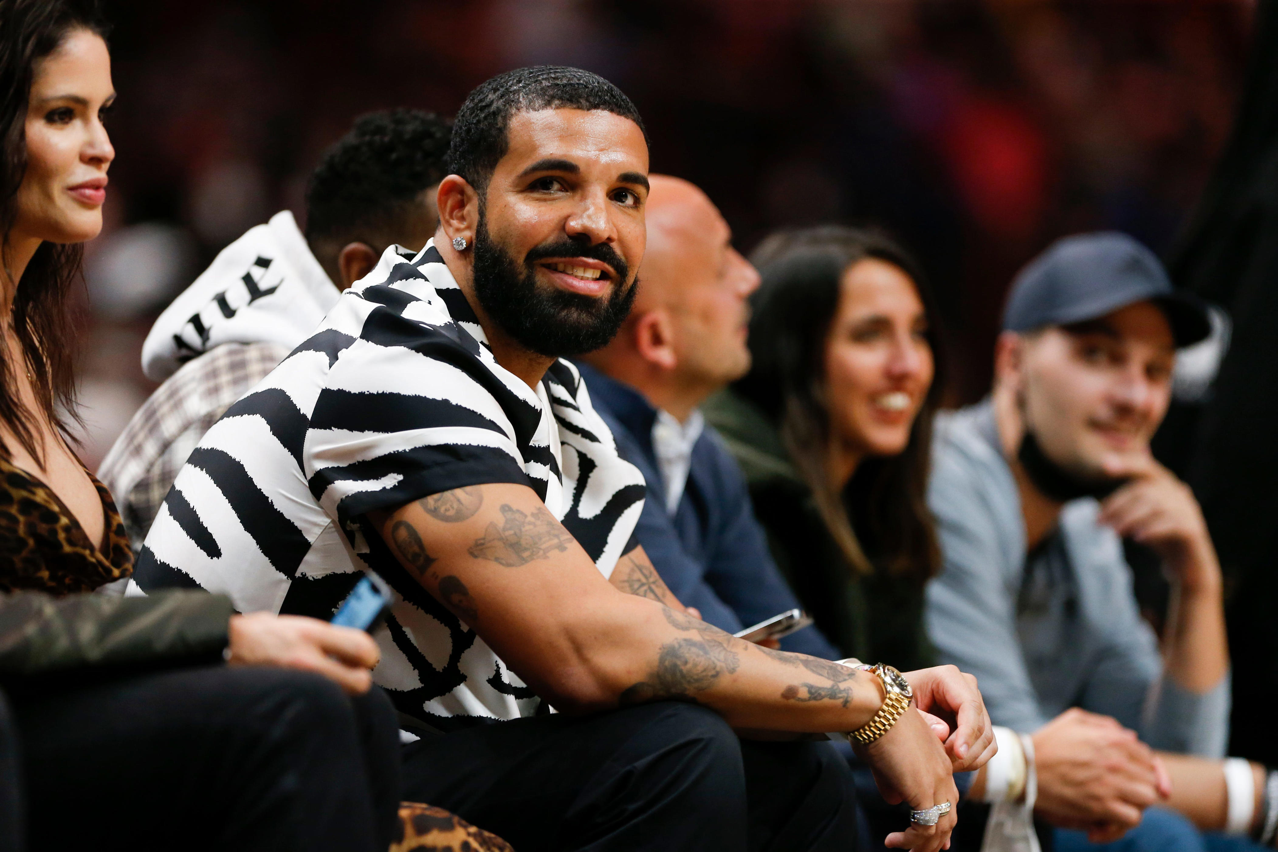 Jan 14, 2022; Miami, Florida, USA; Canadian rapper Drake attends the game between the Miami Heat and the Atlanta Hawks at FTX Arena.