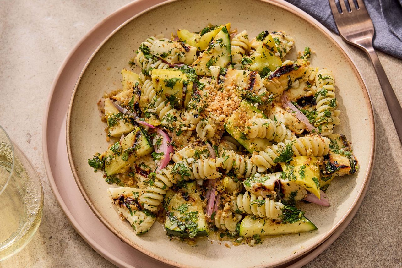 Grilled Halloumi and Zucchini Pasta Salad