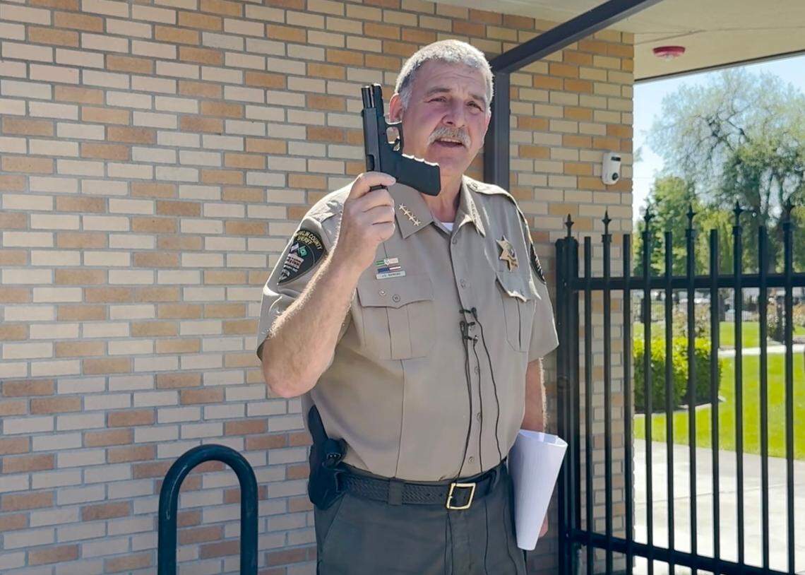 Franklin County Sheriff Jim Raymond held a press conference over handing over equipment when the county took control of the jail last year. Larissa Babiak/Tri-City Herald