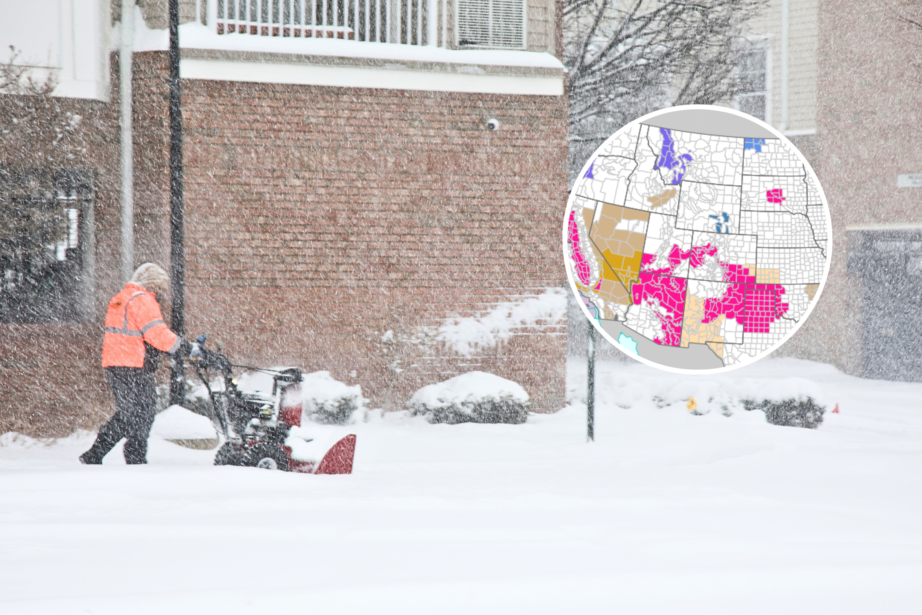 File/stock image: Elmwood Park, New Jersey, USA – January 25, 2026: Man with snow blower clearing snow from walkway at apartment complex in whiteout conditions during a severe winter storm. Inset: NWS map shows impacted areas.