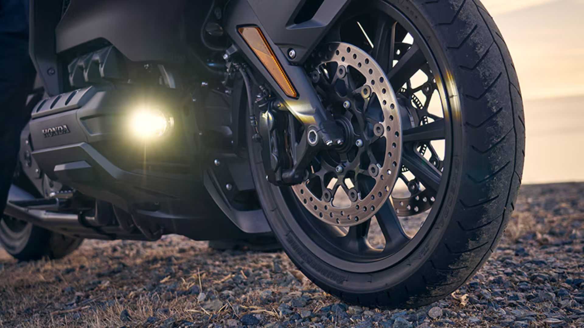 Close up shot of the 2026 Honda Gold Wing front brake system.