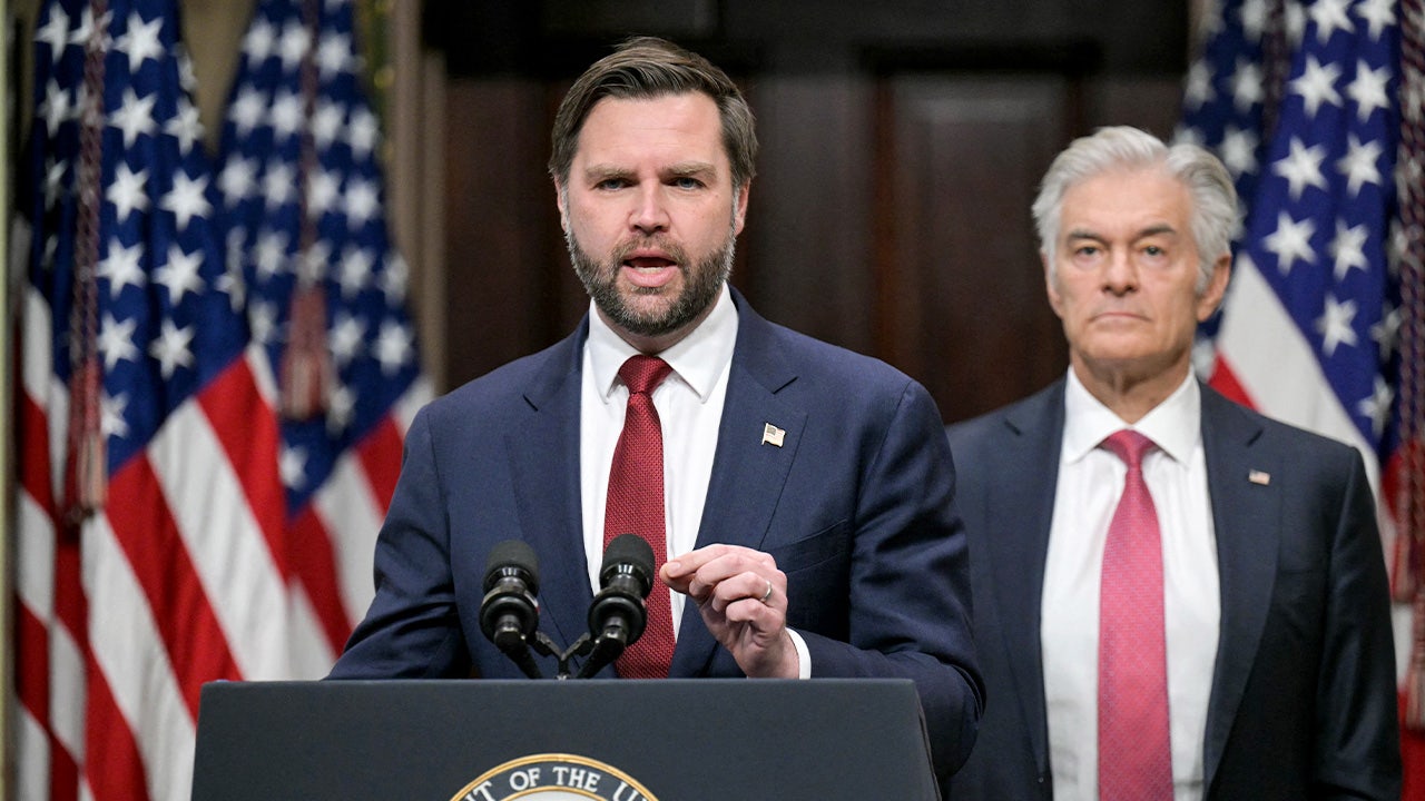 Vice President JD Vance and Medicare and Medicaid Administrator Mehmet Oz spoke about combatting fraud at the Eisenhower Executive Office Building on the White House complex on Feb. 25, 2026.