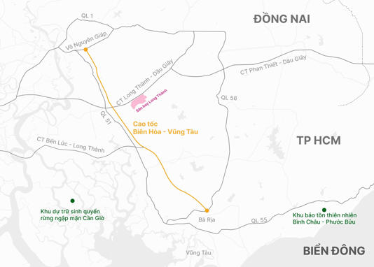 Hướng tuyến cao tốc Biên Hòa - Vũng Tàu. Đồ họa: Hoàng Thanh