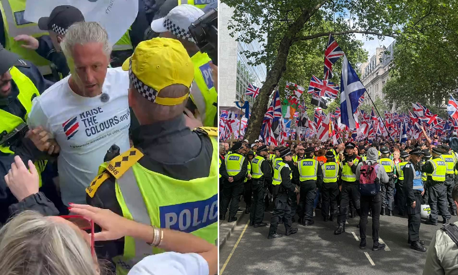 Met make first arrests as they deploy armoured cars, horses, dogs and drones to police rival demos