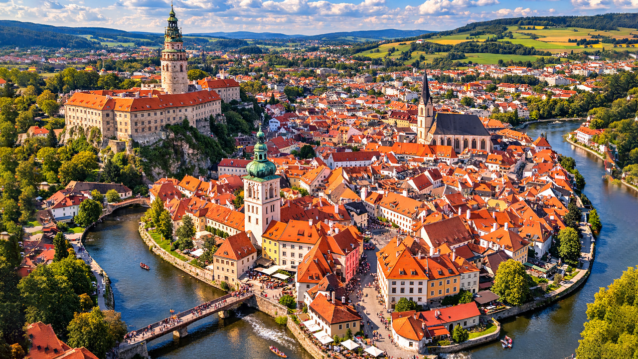 Český Krumlov old town wrapped by a scenic river bend