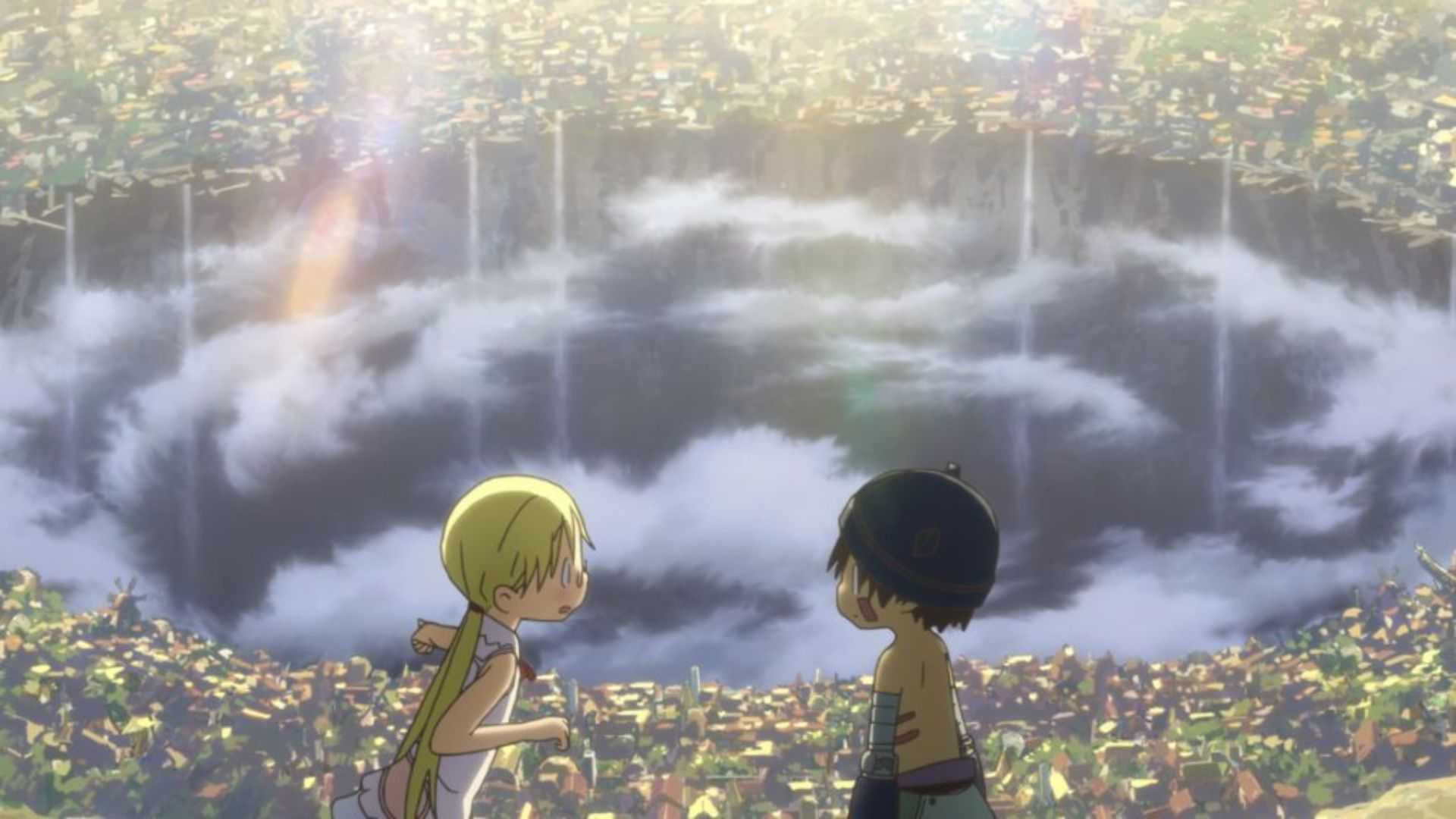 Made in Abyss Riko and Reg look out over the abyss.
